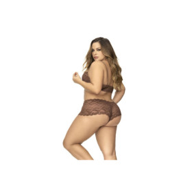 Ensemble 2 pièces en dentelle grande taille, top à bretelles et shorty couleur cacao 